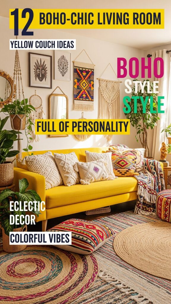 1. 12 Boho-Chic Living Room Yellow Couch Ideas Full of Personality
