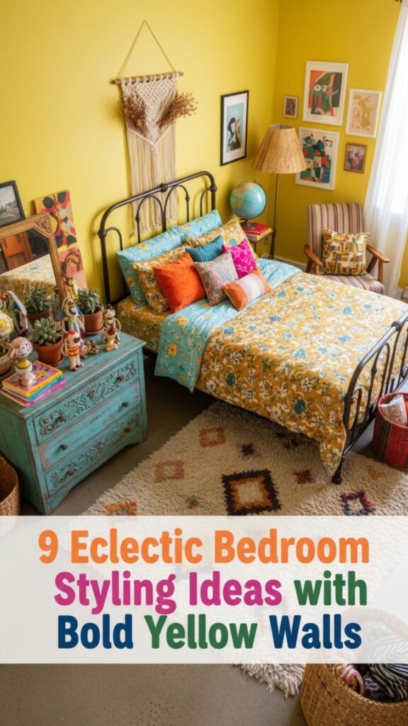 1. 9 Eclectic Bedroom Styling with Bold Yellow Walls